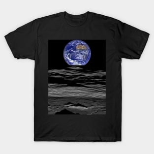 Earthrise Earth and Moon by Lunar Reconnaissance Orbiter above Compton crater. T-Shirt